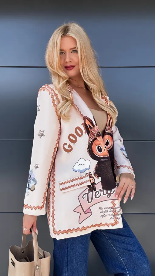 Marynarka z viralowym printem OVERSIZE beżowa - R020A