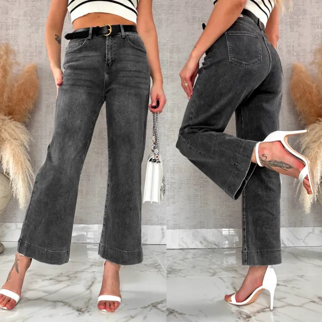 Szare spodnie jeansowe kuloty WIDE LEG FIT bardzo elastyczne - R311