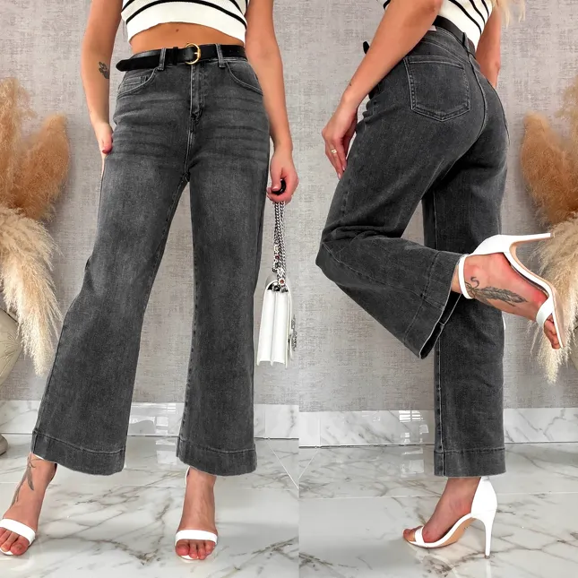 Szare spodnie jeansowe kuloty WIDE LEG FIT bardzo elastyczne - R311