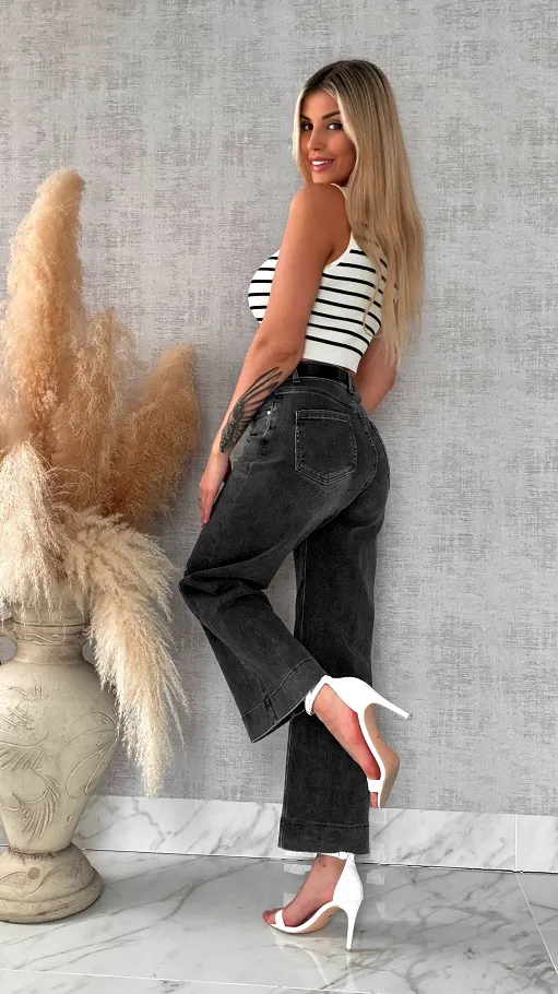 Szare spodnie jeansowe kuloty WIDE LEG FIT bardzo elastyczne - R311