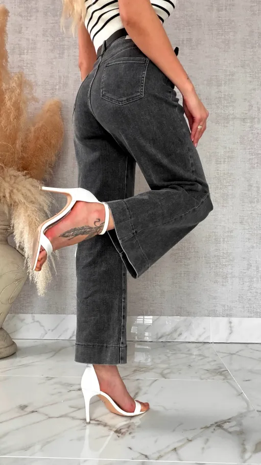 Szare spodnie jeansowe kuloty WIDE LEG FIT bardzo elastyczne - R311