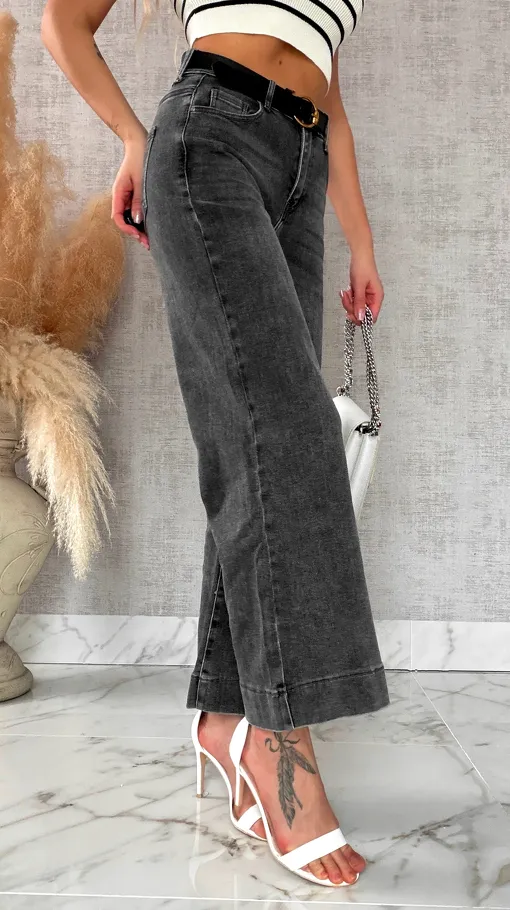 Szare spodnie jeansowe kuloty WIDE LEG FIT bardzo elastyczne - R311