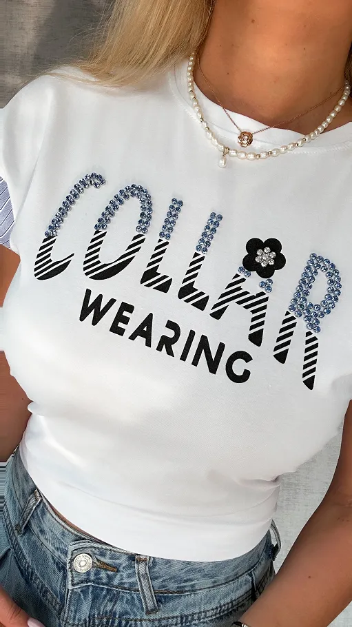 Biała bluzka t-shirt COLLAR w rozmiarze uniwersalnym - P757