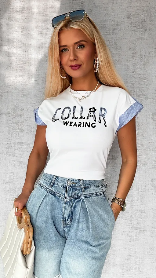 Biała bluzka t-shirt COLLAR w rozmiarze uniwersalnym - P757