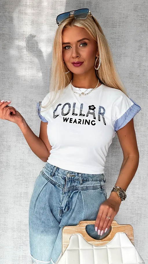 Biała bluzka t-shirt COLLAR w rozmiarze uniwersalnym - P757