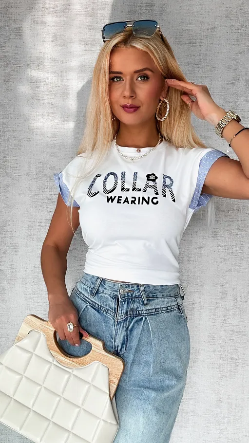 Biała bluzka t-shirt COLLAR w rozmiarze uniwersalnym - P757
