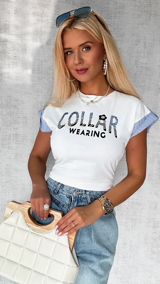 Biała bluzka t-shirt COLLAR w rozmiarze uniwersalnym - P757