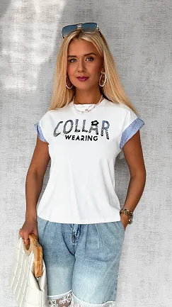 Biała bluzka t-shirt COLLAR w rozmiarze uniwersalnym - P757