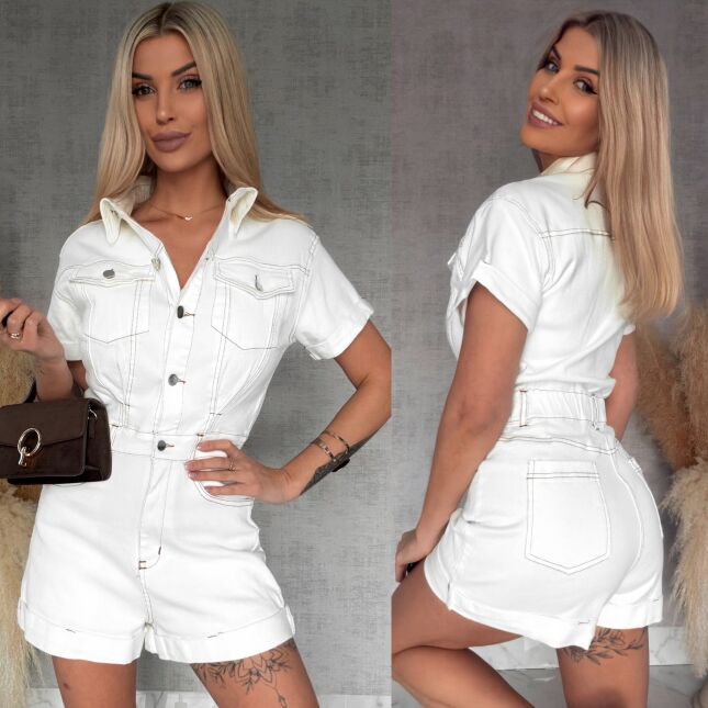 Biały jeansowy kombinezon super elastyczny z butonami WHITE JEANS - R738