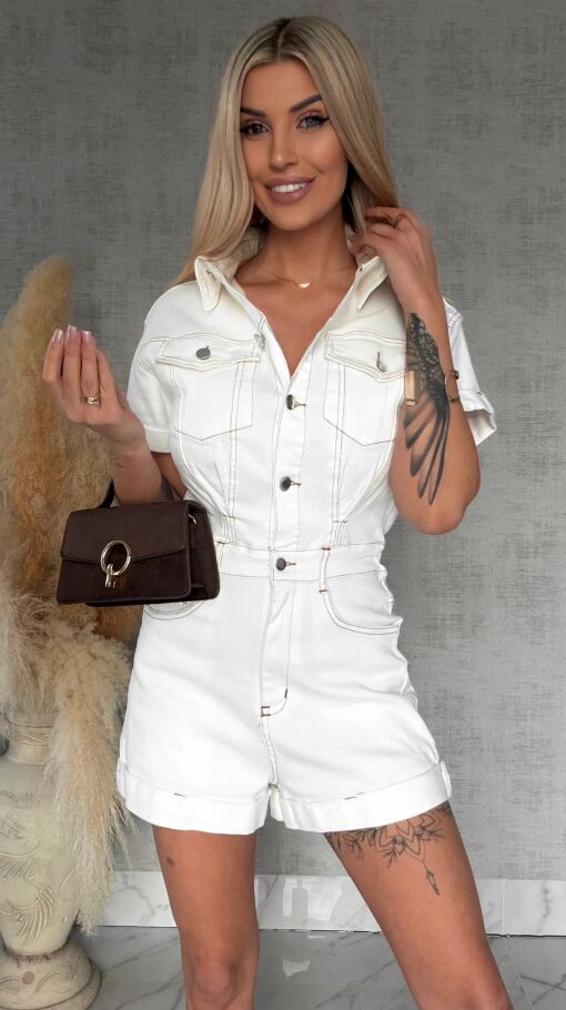 Biały jeansowy kombinezon super elastyczny z butonami WHITE JEANS - R738