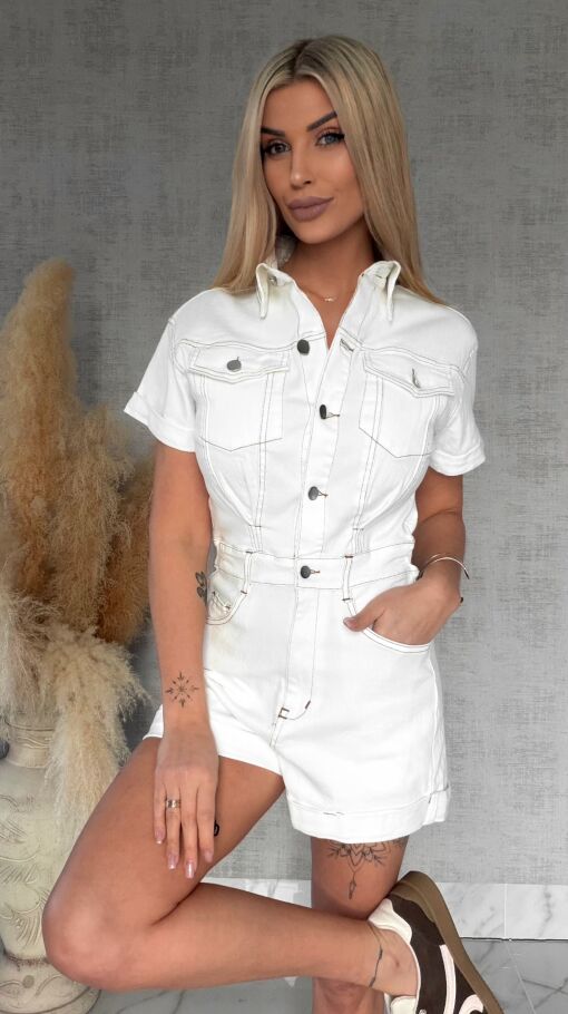 Biały jeansowy kombinezon super elastyczny z butonami WHITE JEANS - R738