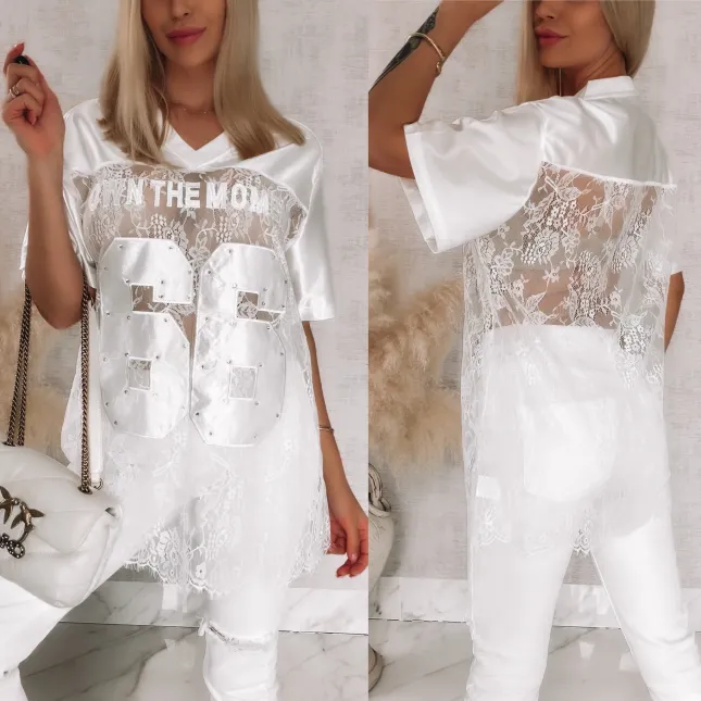 Fantastyczna luźna bluzka koronkowa 66 one size w kolorze białym - R879