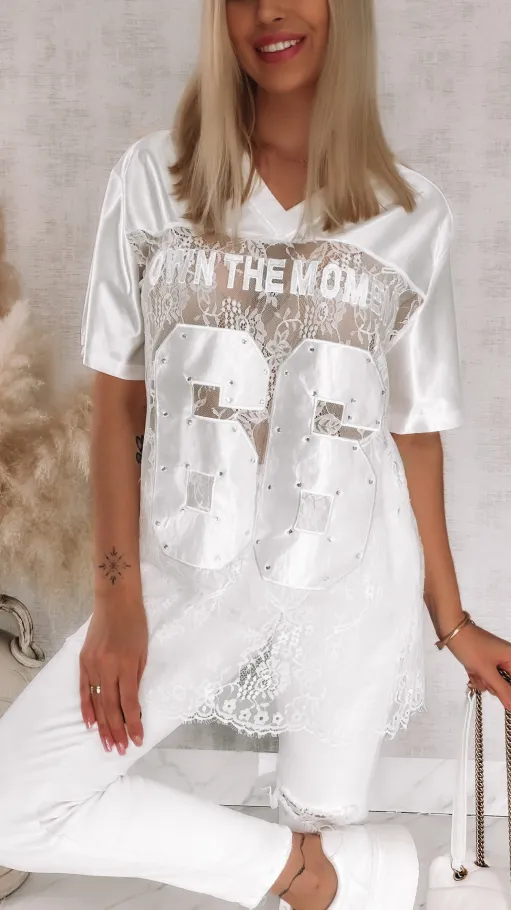 Fantastyczna luźna bluzka koronkowa 66 one size w kolorze białym - R879