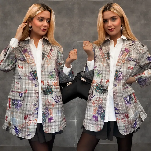 Szara marynarka w kratkę z graffiti OVERSIZE - R157