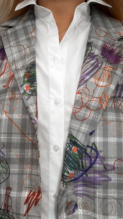 Szara marynarka w kratkę z graffiti OVERSIZE - R157