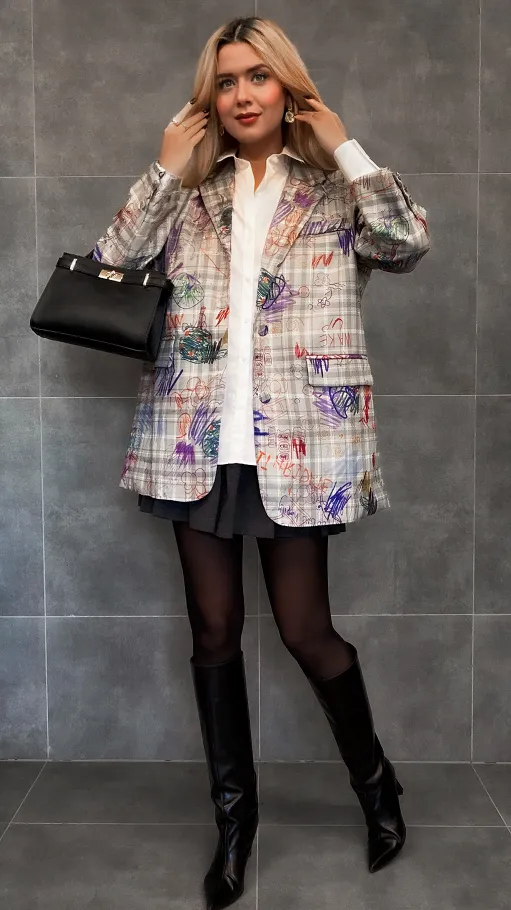 Szara marynarka w kratkę z graffiti OVERSIZE - R157