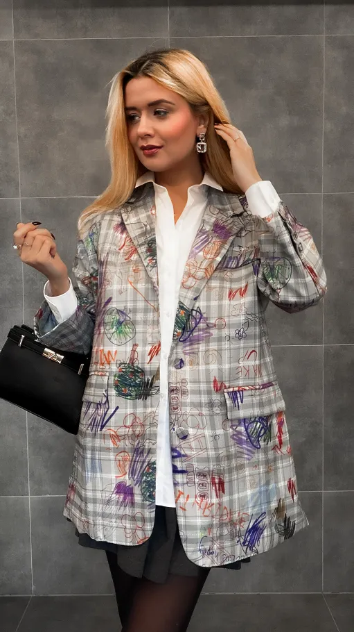Szara marynarka w kratkę z graffiti OVERSIZE - R157