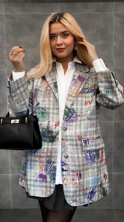 Szara marynarka w kratkę z graffiti OVERSIZE - R157