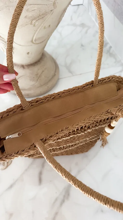 Słomiana BOHO torebka z drewnianymi koraliki - P679