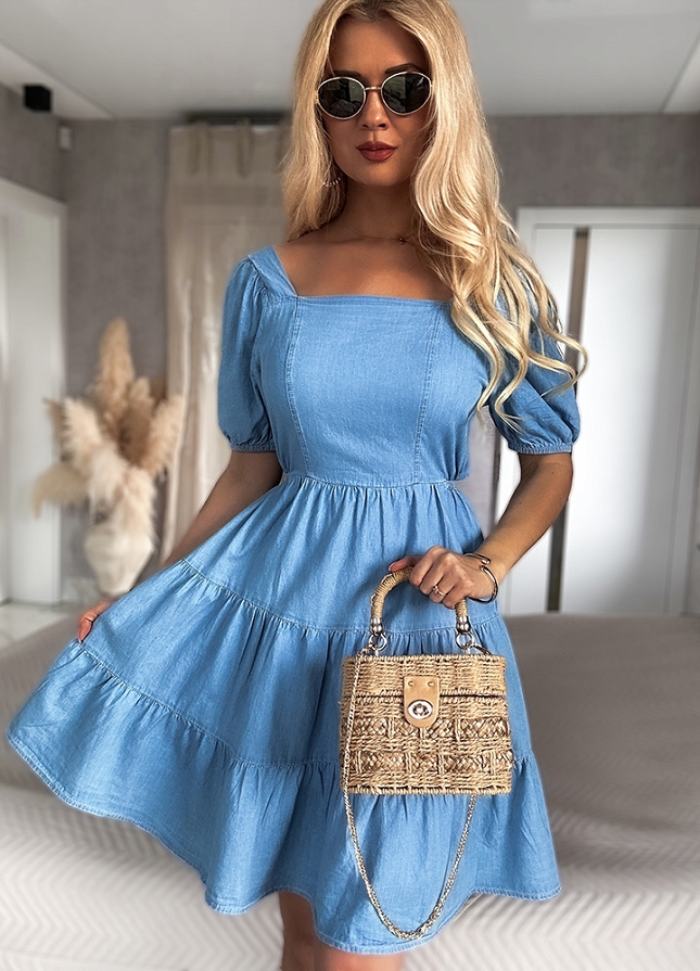 Jeansowa miękka sukienka z wiązanym tyłem BLUE - N104