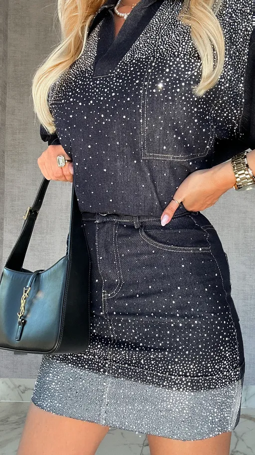 Elastyczna jeansowa spódniczka z cekinami ciemny JEANS - P758