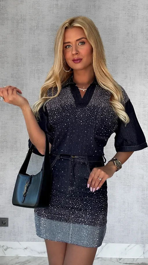 Elastyczna jeansowa spódniczka z cekinami ciemny JEANS - P758