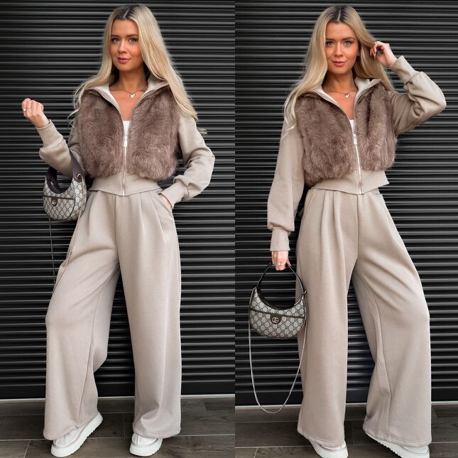 Oryginalny beżowy DRES bluza z futerkiem + luźne spodnie - S533A