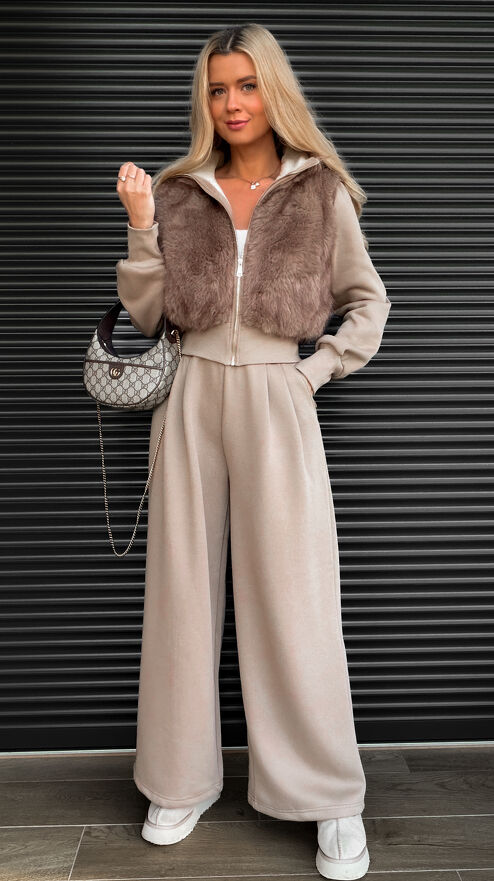 Oryginalny beżowy DRES bluza z futerkiem + luźne spodnie - S533A