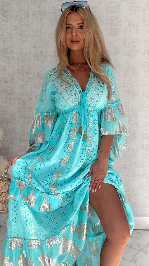 MAXI boho sukienka w pięknym turkusie ze złotymi haftami 100% bawełna - S033