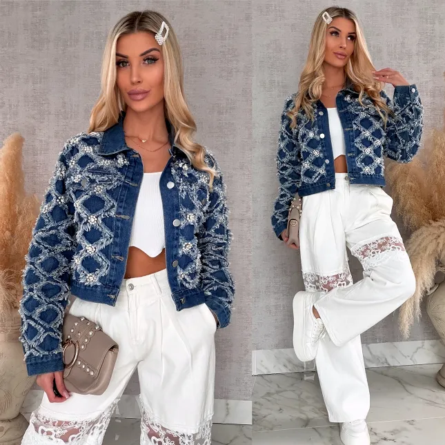 Oryginalna kurtka jeansowa KATANA w romby z perełkami - R601