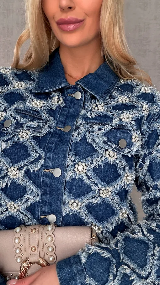 Oryginalna kurtka jeansowa KATANA w romby z perełkami - R601
