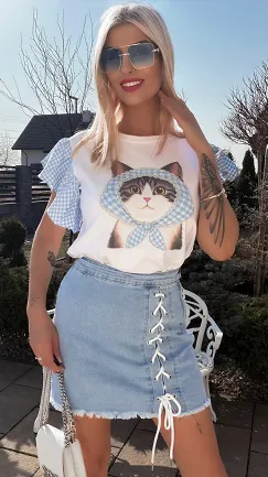 Elastyczna jeansowa spódniczka z wiązaniem BLUE JEANS - R780