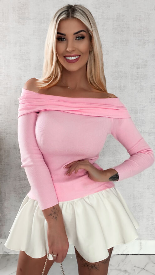 Lekki dzianinowy sweter z dekoltem łódka ONE SIZE różowy - R469A