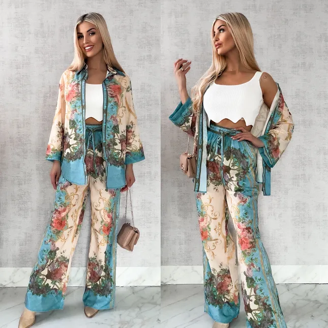 Idealny kwiatowy komplet koszula + spodnie - R420