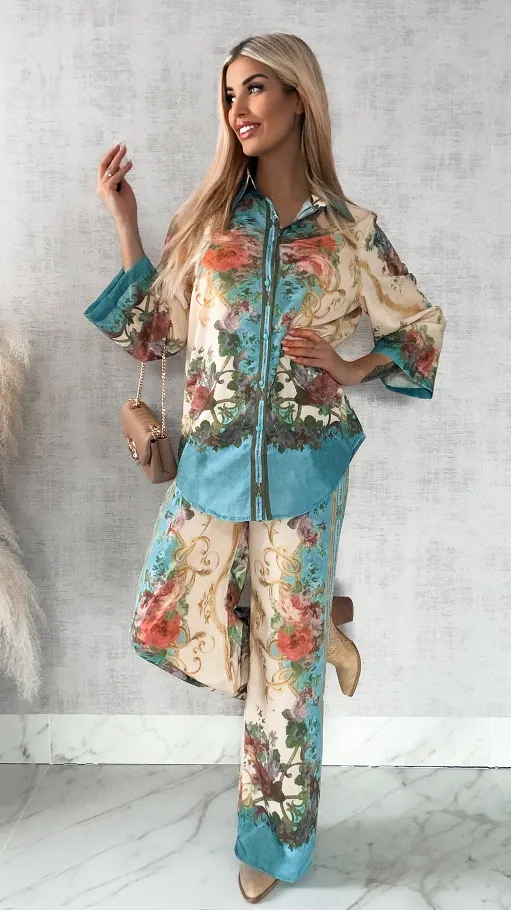 Idealny kwiatowy komplet koszula + spodnie - R420