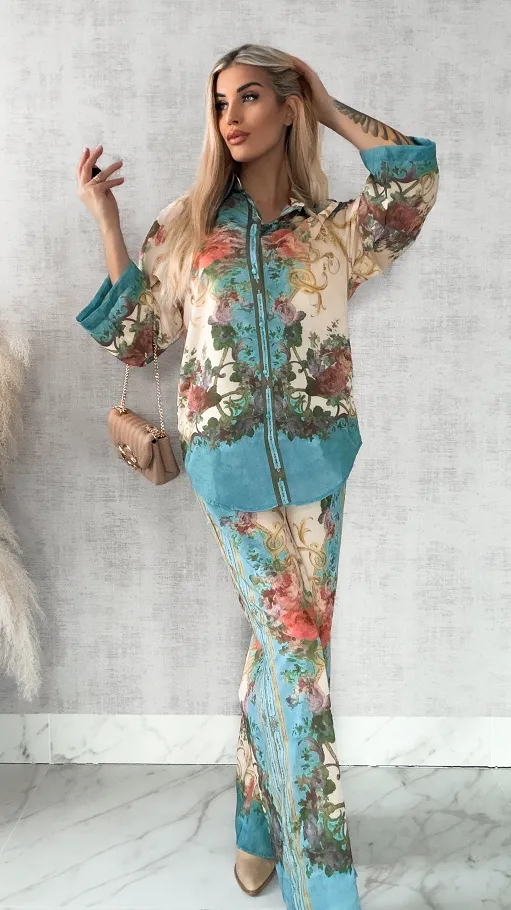 Idealny kwiatowy komplet koszula + spodnie - R420