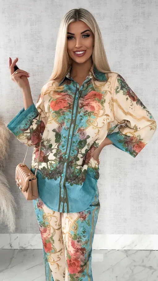 Idealny kwiatowy komplet koszula + spodnie - R420