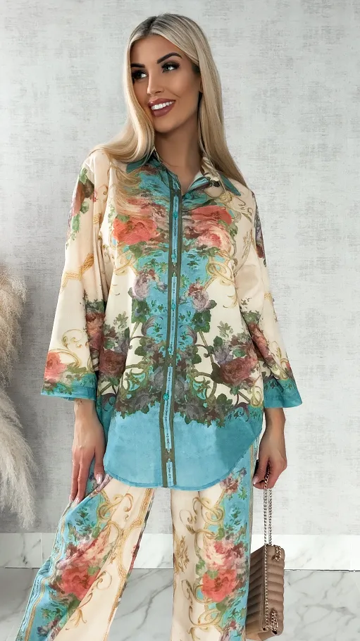 Idealny kwiatowy komplet koszula + spodnie - R420