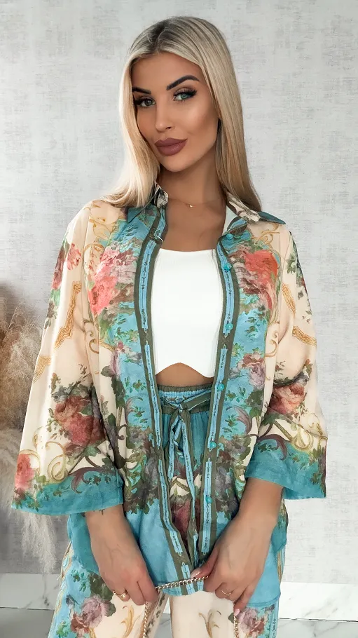 Idealny kwiatowy komplet koszula + spodnie - R420