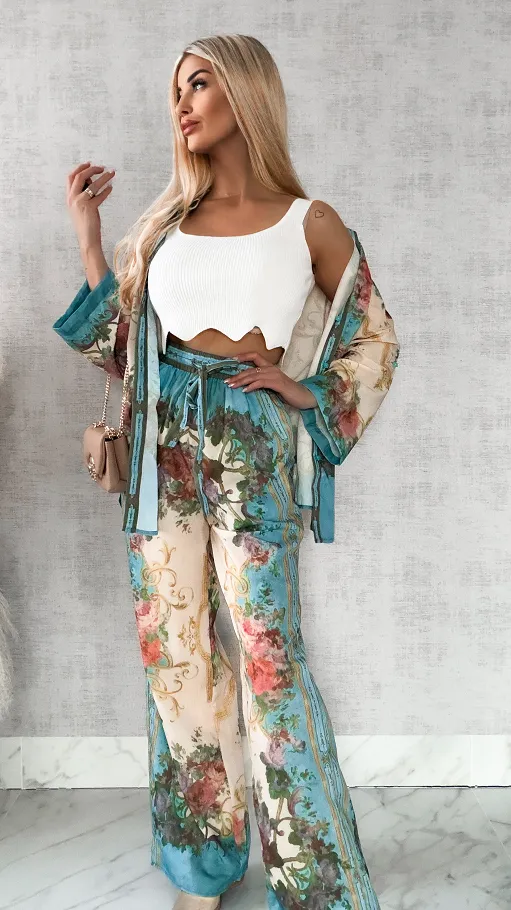 Idealny kwiatowy komplet koszula + spodnie - R420