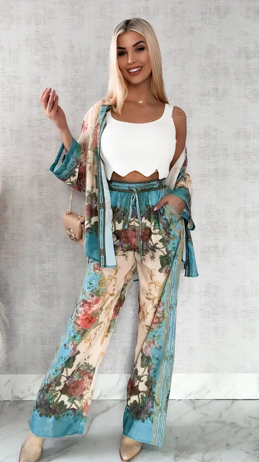 Idealny kwiatowy komplet koszula + spodnie - R420