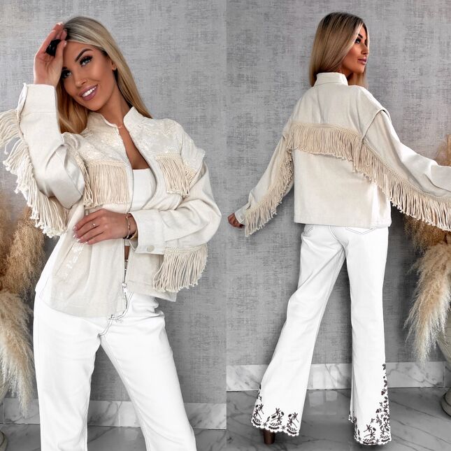 Oryginalna jeansowa katana ecru w stylu BOHO z frędzlami - R641