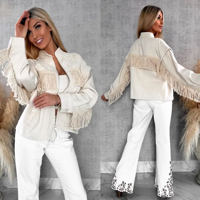 Oryginalna jeansowa katana ecru w stylu BOHO z frędzlami - R641