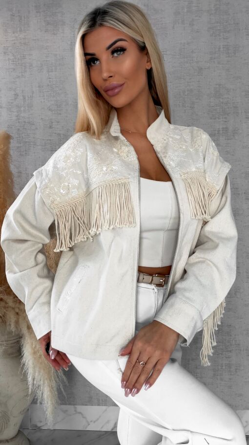 Oryginalna jeansowa katana ecru w stylu BOHO z frędzlami - R641