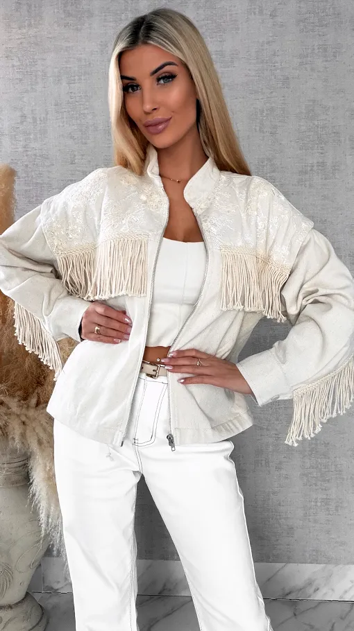 Oryginalna jeansowa katana ecru w stylu BOHO z frędzlami - R641