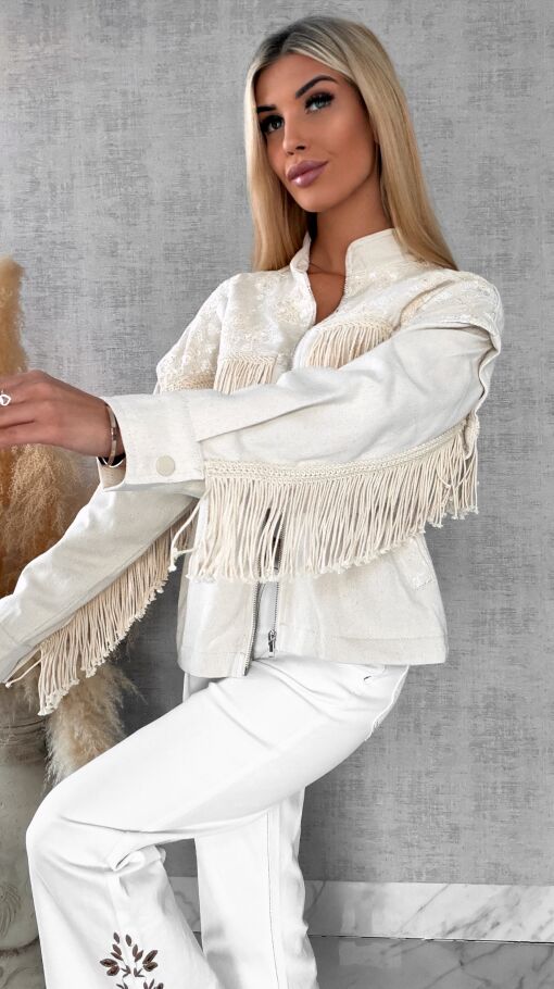 Oryginalna jeansowa katana ecru w stylu BOHO z frędzlami - R641
