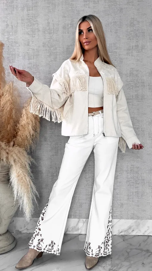 Oryginalna jeansowa katana ecru w stylu BOHO z frędzlami - R641