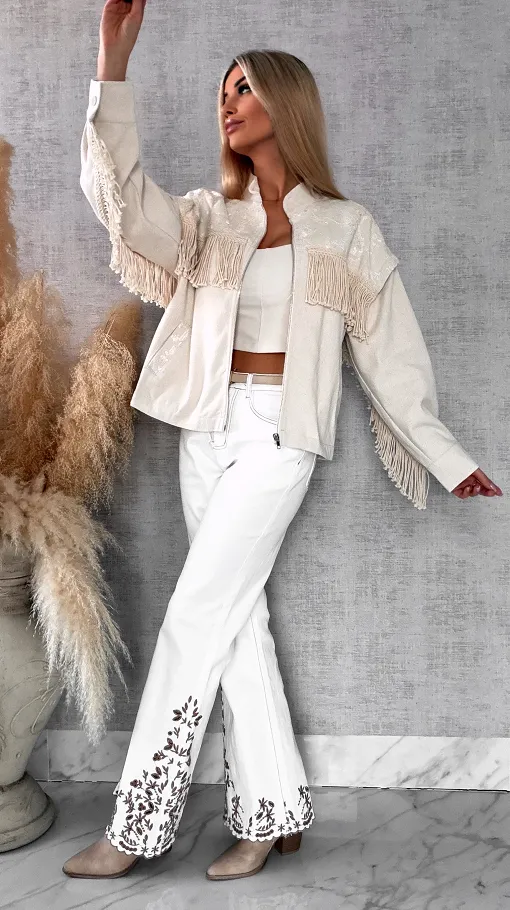 Oryginalna jeansowa katana ecru w stylu BOHO z frędzlami - R641