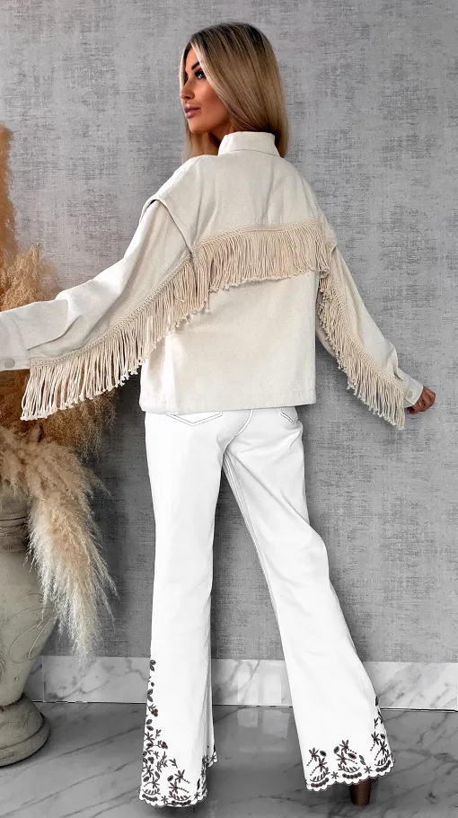 Oryginalna jeansowa katana ecru w stylu BOHO z frędzlami - R641