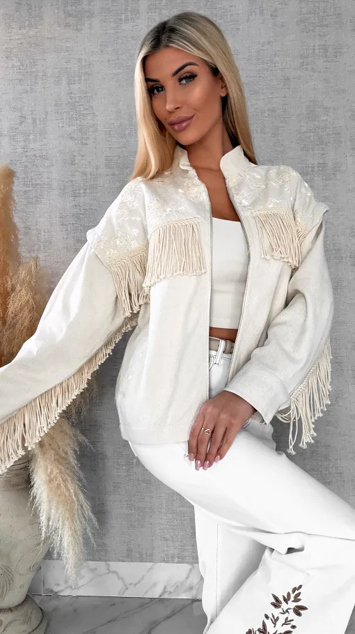 Oryginalna jeansowa katana ecru w stylu BOHO z frędzlami - R641